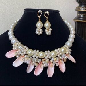 Elegant Pearl and Pink Shell Necklace and Earring Set